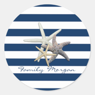 Adorable Starfish ,Navy Blue Stripes-Personalised Classic Round Sticker