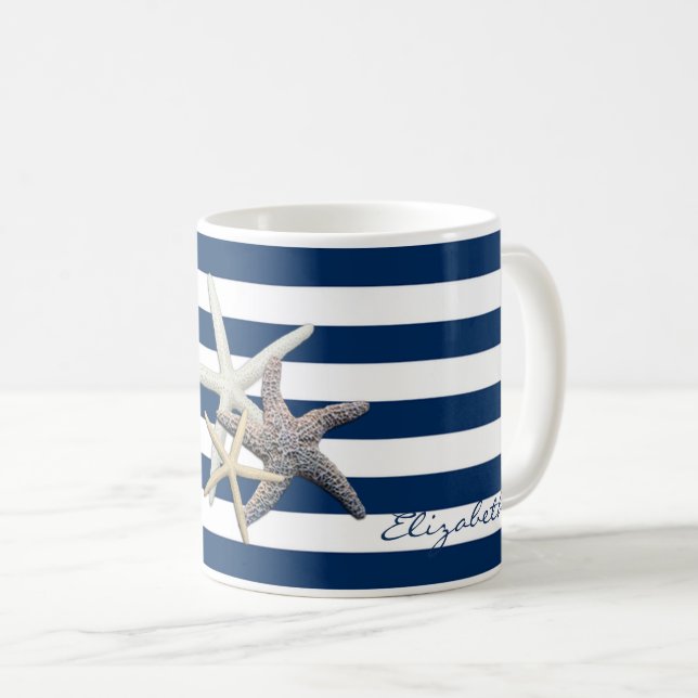 Adorable Starfish ,Navy Blue Stripes-Personalised Coffee Mug (Front Right)