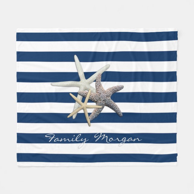 Adorable Starfish ,Navy Blue Stripes-Personalised Fleece Blanket (Front (Horizontal))