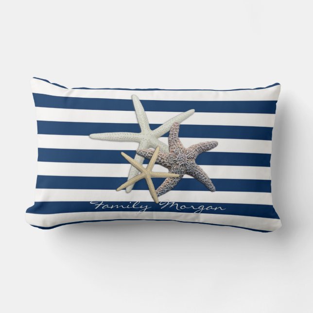 Adorable Starfish ,Navy Blue Stripes-Personalised Lumbar Cushion (Front)