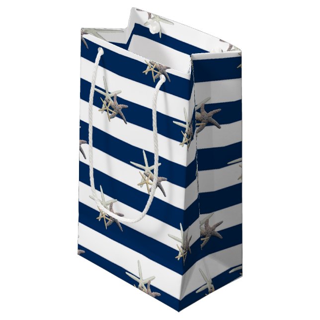 Adorable Starfish ,Navy Blue Stripes-Personalised Small Gift Bag (Front Angled)