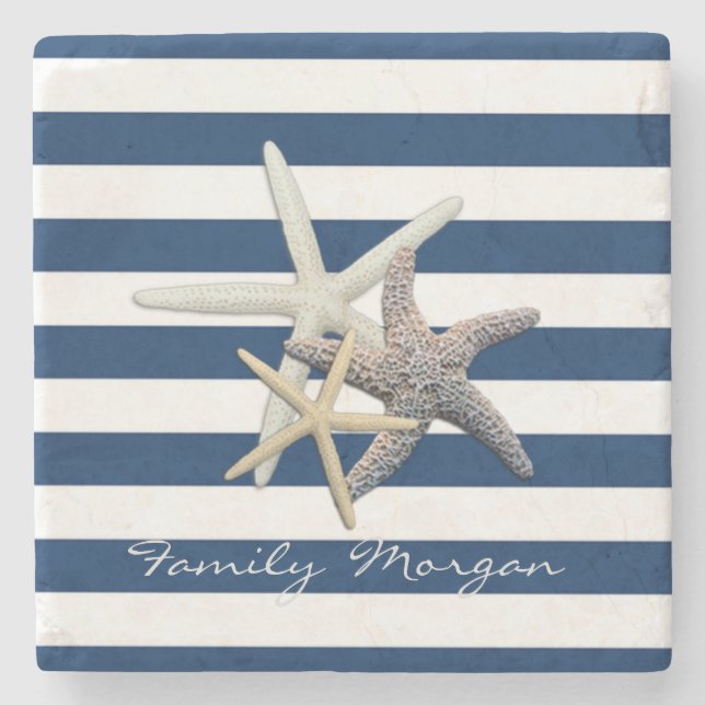 Adorable Starfish ,Navy Blue Stripes-Personalised Stone Coaster (Front)