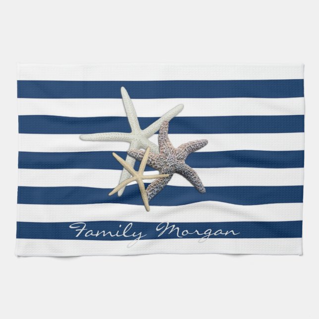 Adorable Starfish ,Navy Blue Stripes-Personalised  Tea Towel (Horizontal)