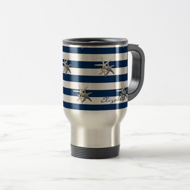 Adorable Starfish ,Navy Blue Stripes-Personalised Travel Mug (Front Right)