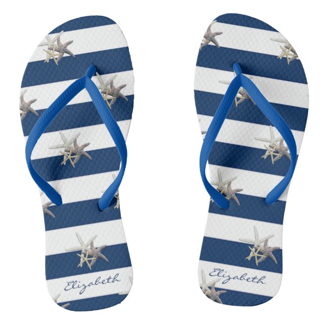 Adorable Starfish On Stripes-Personalised Flip Flops (Footbed)