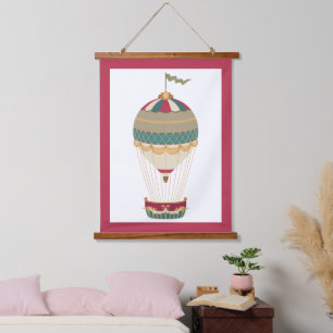 Adorable Steampunk Hot Air Balloon with Flag Hanging Tapestry