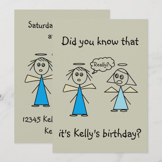 Adorable Stick Figure Angels Girl's Birthday Party Invitation (Front/Back)