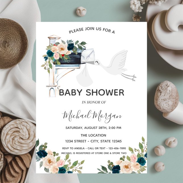 Adorable Stork Mailbox Blue Flowers Baby Shower Invitation (Creator Uploaded)