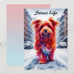 Adorable street dog in frosty winter cityscape invitation