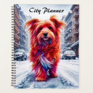 Adorable street dog in frosty winter cityscape planner