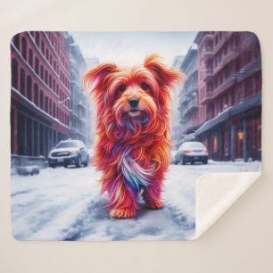 Adorable street dog in frosty winter cityscape sherpa blanket