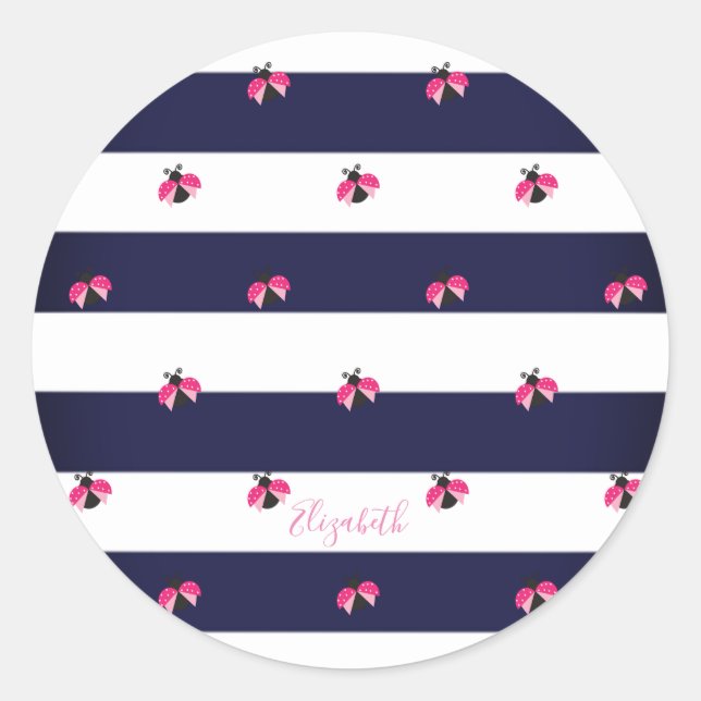 Adorable Striped,Ladybird -Personalised Classic Round Sticker (Front)