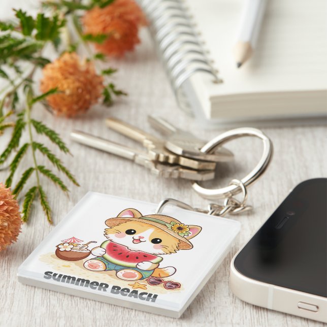 Adorable Summer Beach Cat  Key Ring (Front Right)