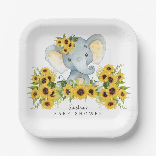 Adorable Sunflower Elephant Baby Shower Paper Plate (Front)