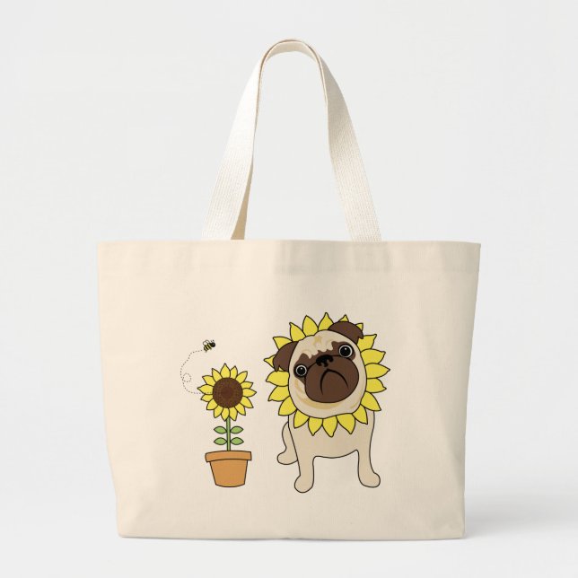 Adorable Sunflower Pug Tote Bags (Front)