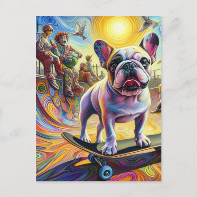 Adorable Surreal French Bulldog Skateboarding Postcard (Front)