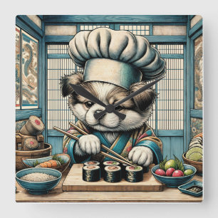Adorable Sushi Chef Puppy Square Wall Clock