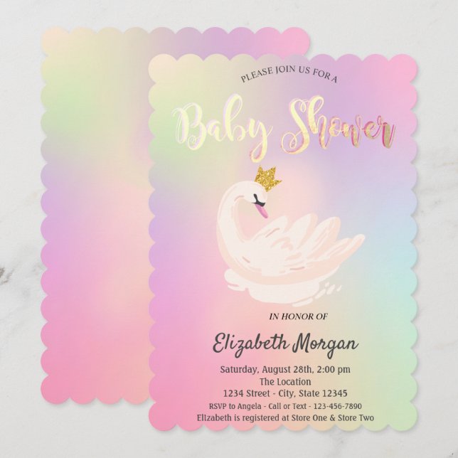 Adorable Swan Crown Holographic Baby Shower Invitation (Front/Back)