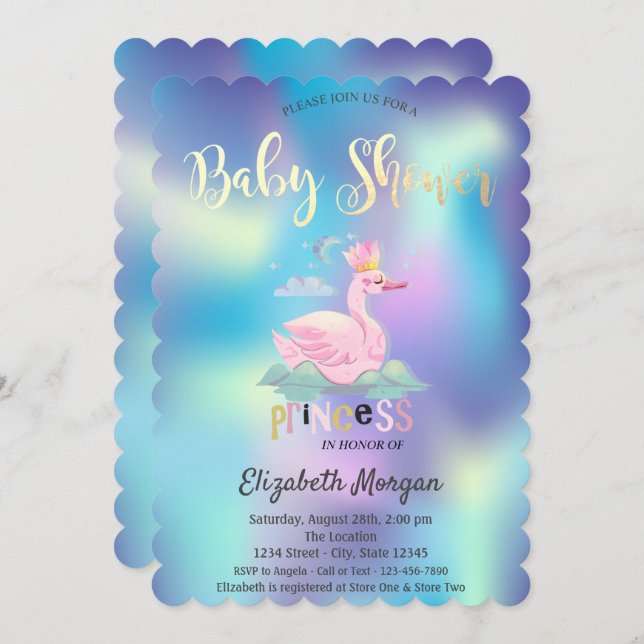 Adorable Swan  Crown Holographic Baby Shower  Invitation (Front/Back)