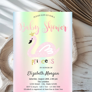 Adorable Swan Iridescent Holographic Baby Shower Invitation