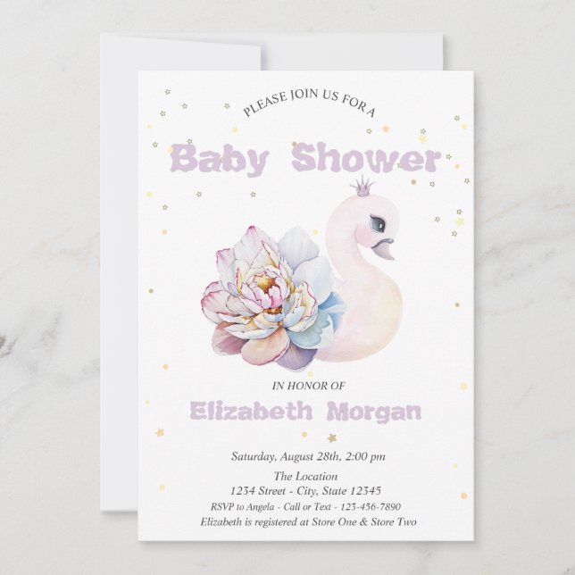 Adorable Swan Stars Flowers Baby Shower  Invitation (Front)