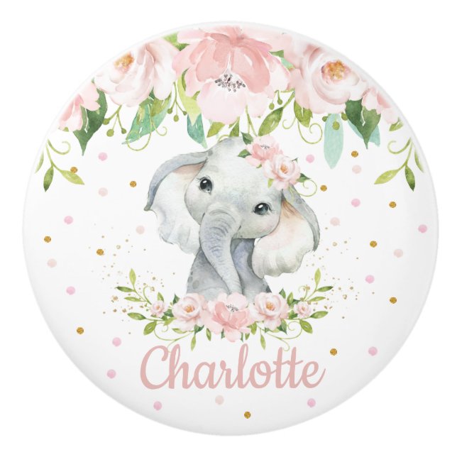 Adorable Sweet Elephant Blush Pink Floral Decor Ceramic Knob (Front)