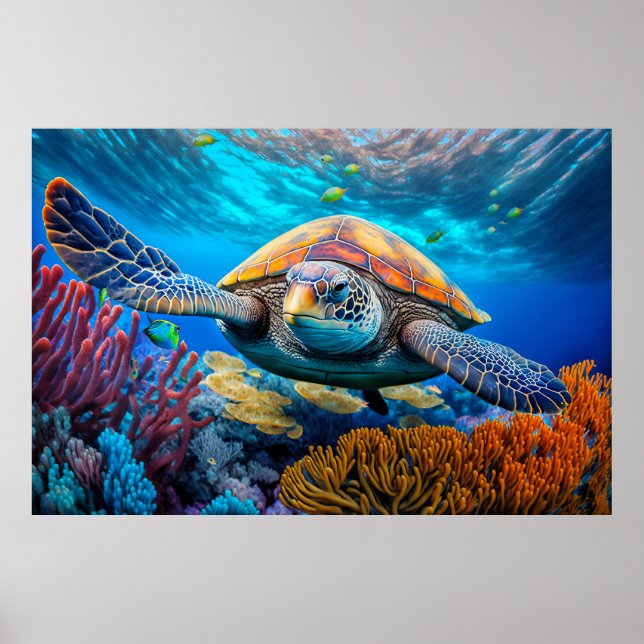 Adorable Swimming Sea Turtle Illustration Poster (Front)