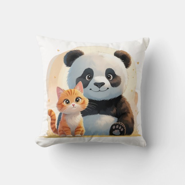 Adorable Tabby Cat & Giant Panda - Playful Friends Cushion (Front)