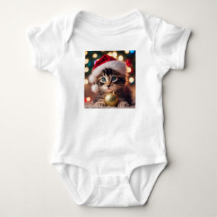 Adorable Tabby Kitten with Santa Hat, Kitty Cat Baby Bodysuit