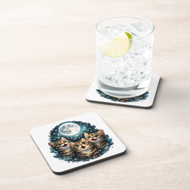 Adorable Tabby Kittens & Full Moon Sparkle Plastic Coaster (Right Side)