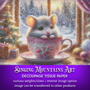 Adorable Teacup Mouse Festive Christmas Decoupage Tissue Paper