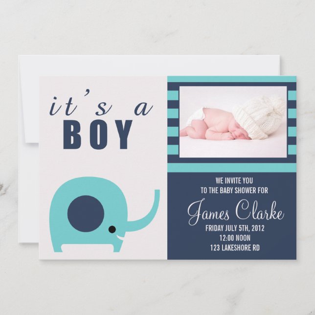 Adorable Teal Elephant Baby Shower Invitation (Front)