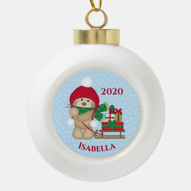 Adorable Teddy Bear and Christmas Sleigh Ceramic Ball Christmas Ornament (Front)