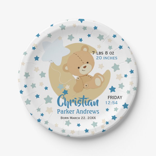Adorable Teddy Bear Baby Boy Birth Stats Dinner Pl Paper Plate (Front)