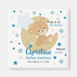 Adorable Teddy Bear Baby Boy Birth Stats Magnet