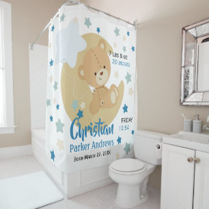 Adorable Teddy Bear Baby Boy Birth Stats Shower Curtain