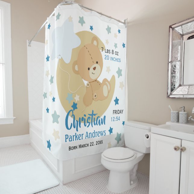 Adorable Teddy Bear Baby Boy Birth Stats Shower Curtain (In Situ)