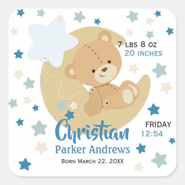 Adorable Teddy Bear Baby Boy Birth Stats Square Sticker (Front)