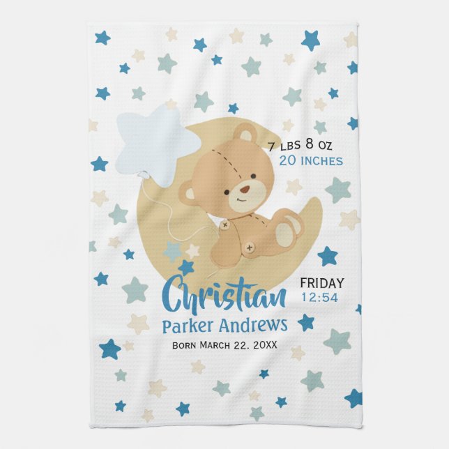 Adorable Teddy Bear Baby Boy Birth Stats Tea Towel (Vertical)