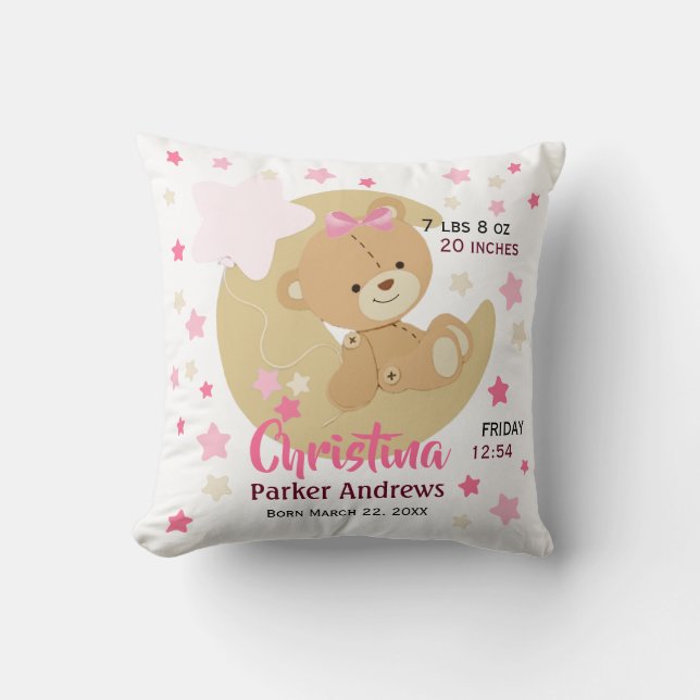 Adorable Teddy Bear Baby Girl Birth Stats Cushion (Front)