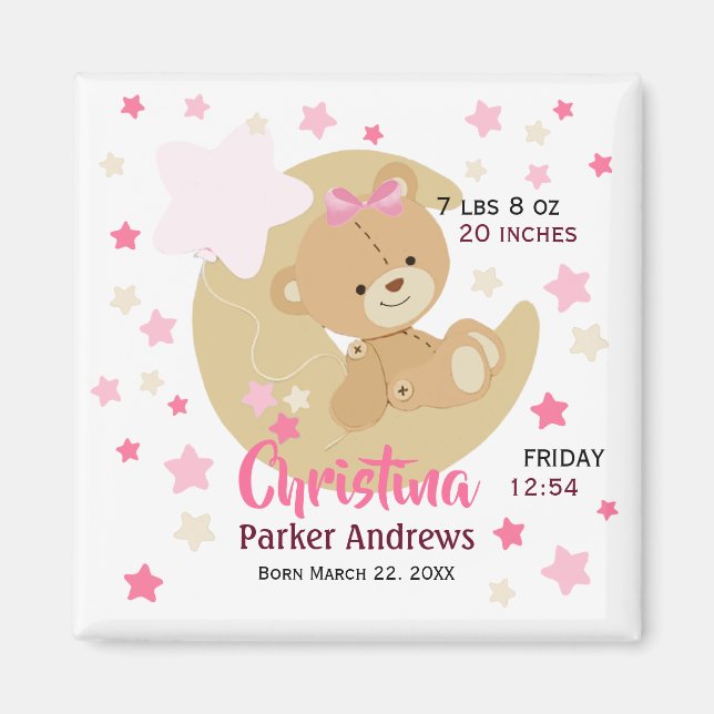 Adorable Teddy Bear Baby Girl Birth Stats Magnet (Front)