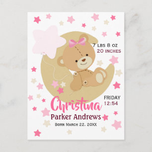 Adorable Teddy Bear Baby Girl Birth Stats Postcard