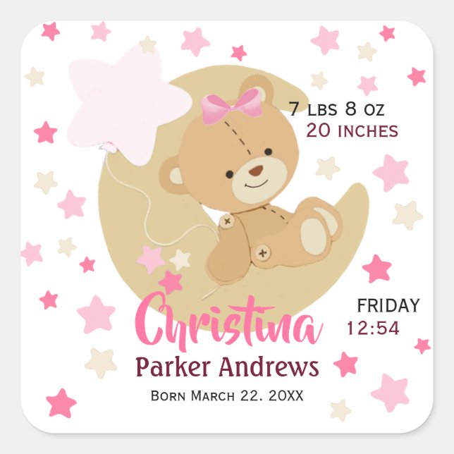 Adorable Teddy Bear Baby Girl Birth Stats Square Sticker (Front)
