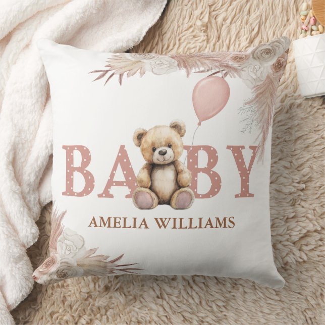 Adorable Teddy Bear Baby Girl Nursery Pink Boho Cushion (Blanket)