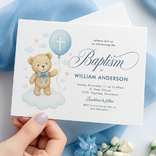 Adorable Teddy Bear Balloon Baptism Invitation