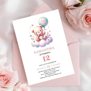 Adorable teddy bear balloon girl birthday invites