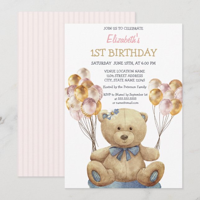 Adorable Teddy Bear Balloons Striped Birthday Invitation (Front/Back)