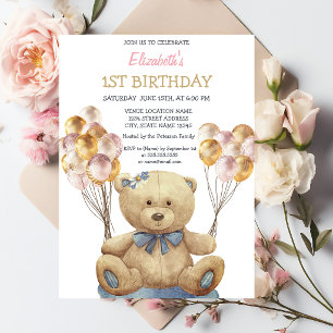 Adorable Teddy Bear Balloons Striped Birthday Invitation