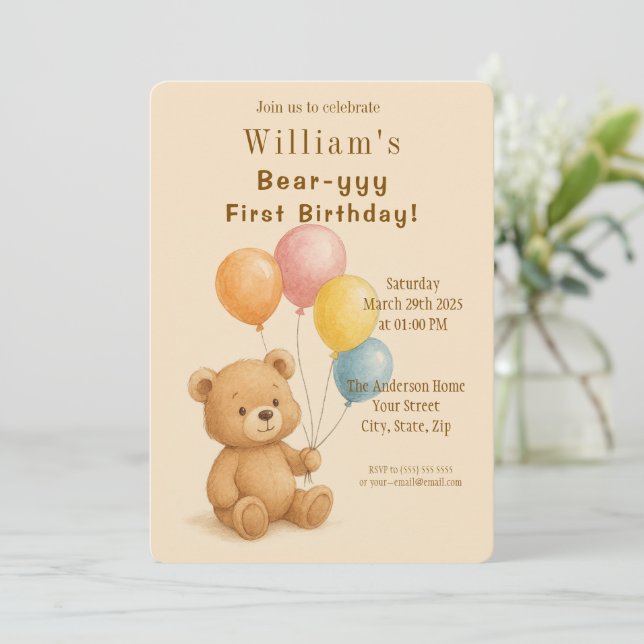 Adorable Teddy Bear Birthday Invitation (Standing Front)