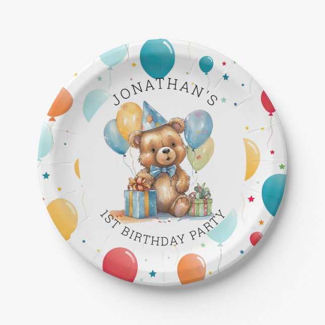 Adorable Teddy Bear First Birthday Paper Plate (Front)